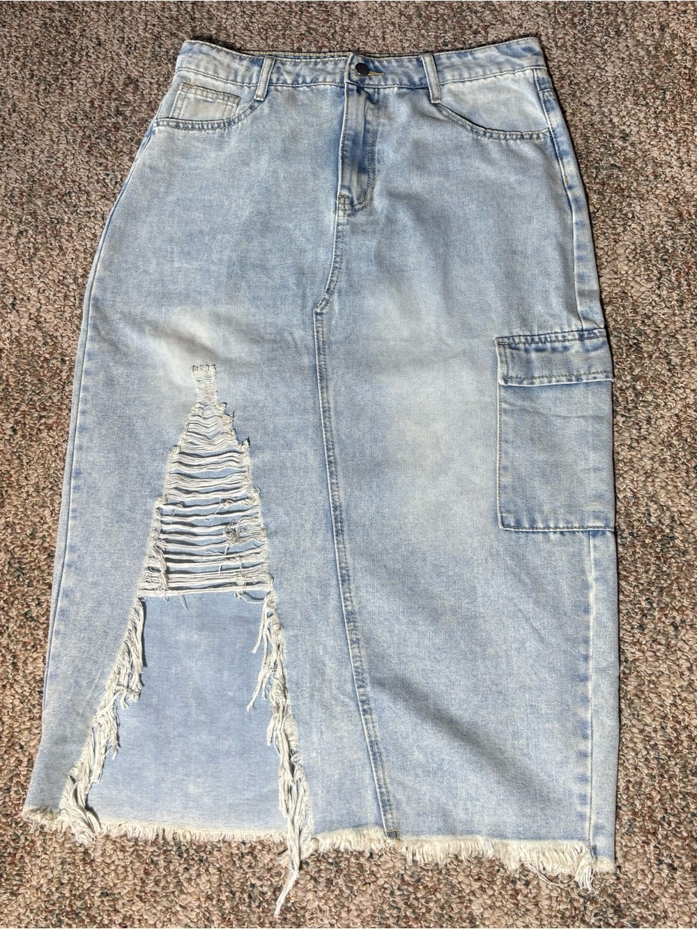 Distressed Light Wash Denim Cargo Midi Maxi Skirt Size L